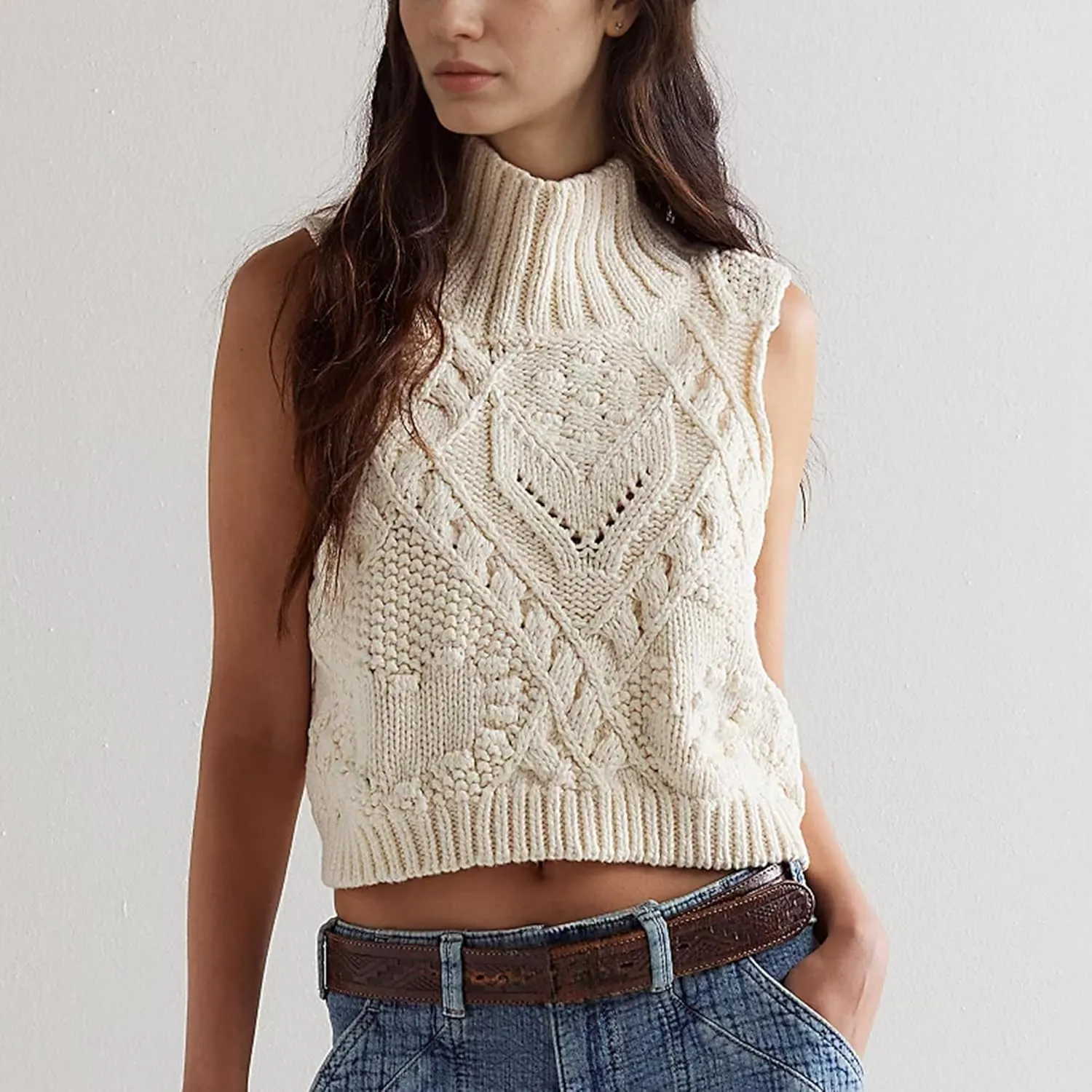 Hixiaohe Turtleneck Crochet Sweater Vest Fall Fashion Knit Sleeveless Tank Tops for Women Lightweight Casual Pullover Clothes
