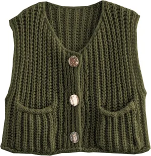 Hixiaohe Womens Crochet Chunky Knit Top Sleeveless Button Down Crop Tops Trendy Cardigan Sweater Vest for Women with Pockets