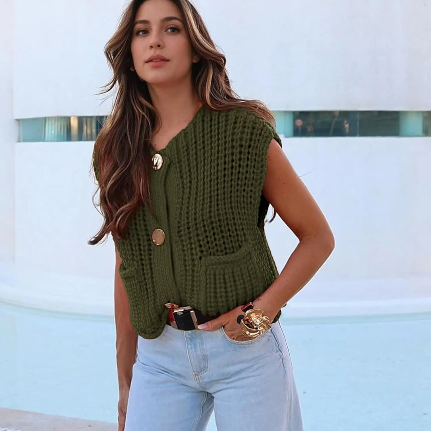 Hixiaohe Womens Crochet Chunky Knit Top Sleeveless Button Down Crop Tops Trendy Cardigan Sweater Vest for Women with Pockets