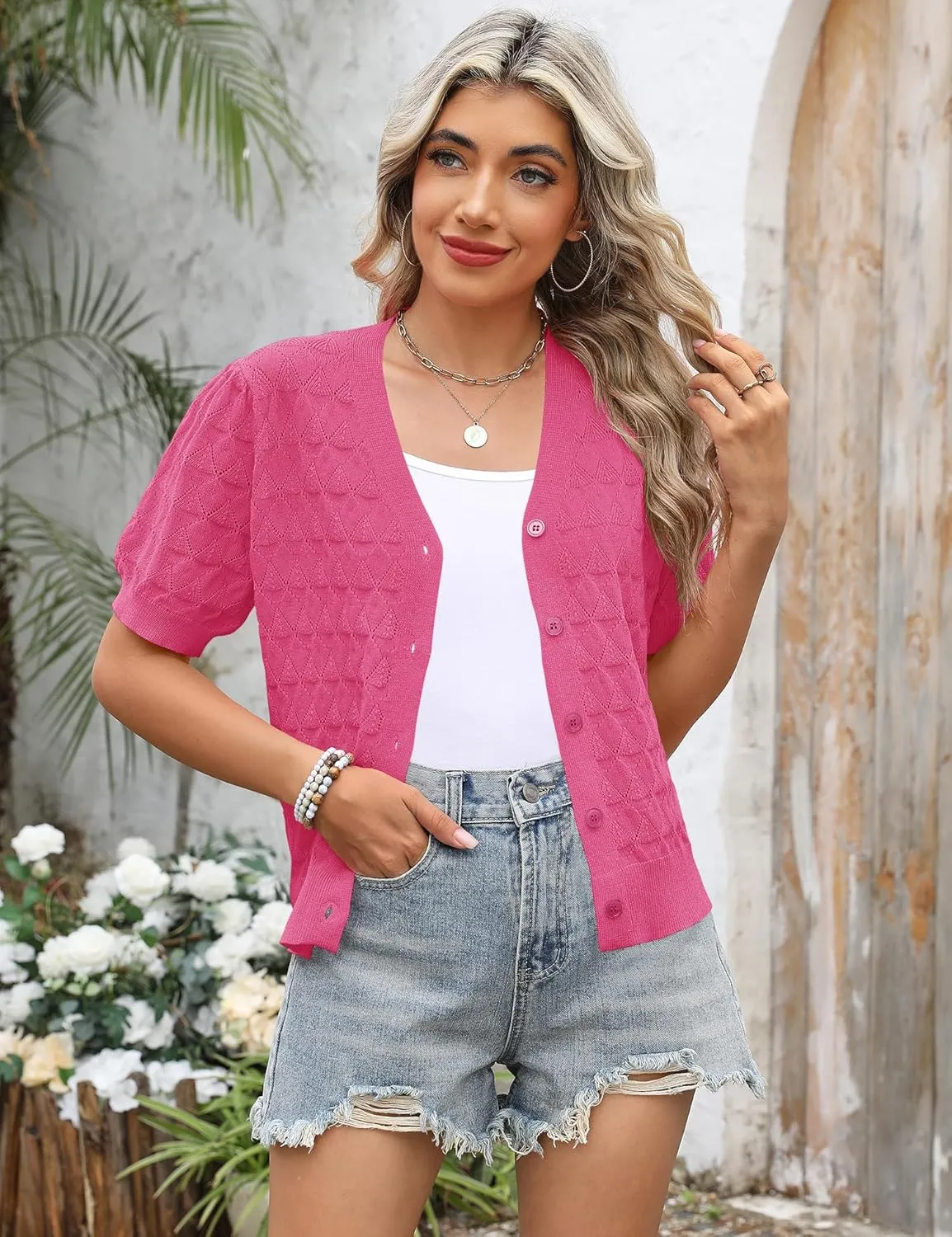 IECCP Cardigan Sweaters for Women Short Sleeve Lightweight Open Front Crochet Knit Shrugs 2025 Womens Fashion