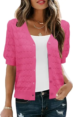 IECCP Cardigan Sweaters for Women Short Sleeve Lightweight Open Front Crochet Knit Shrugs 2025 Womens Fashion