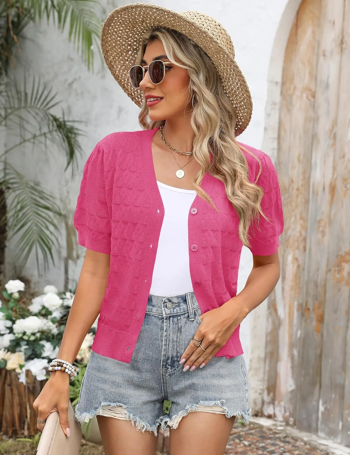 IECCP Cardigan Sweaters for Women Short Sleeve Lightweight Open Front Crochet Knit Shrugs 2025 Womens Fashion
