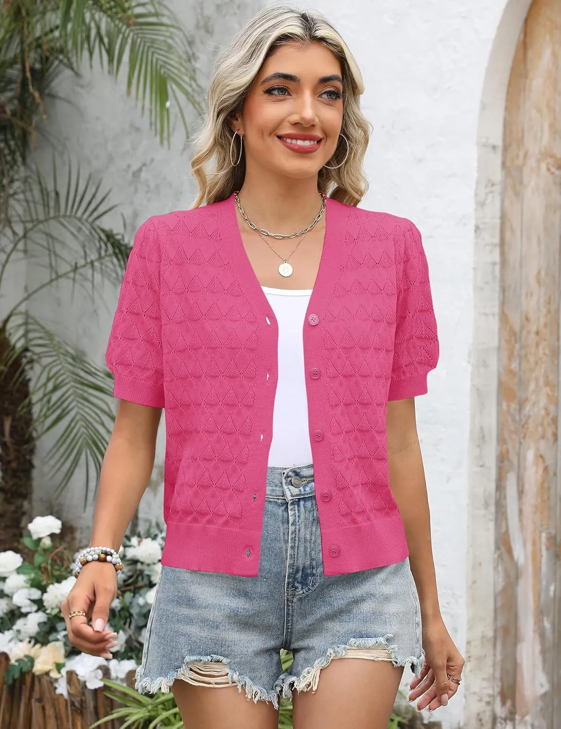 IECCP Cardigan Sweaters for Women Short Sleeve Lightweight Open Front Crochet Knit Shrugs 2025 Womens Fashion