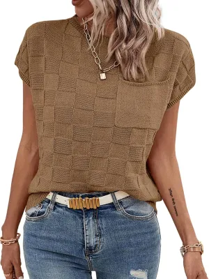 Imily Bela Womens Cap Sleeve Sweater Sleeveless Crewneck Checkered Casual Loose Fit Knit Shirts Pullover Tops