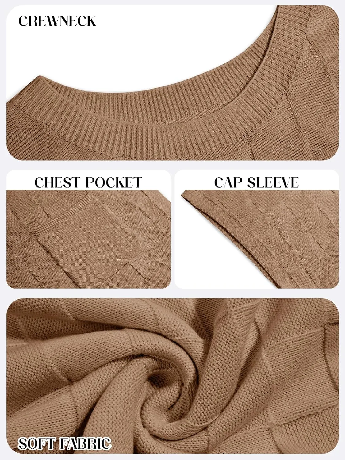 Imily Bela Womens Cap Sleeve Sweater Sleeveless Crewneck Checkered Casual Loose Fit Knit Shirts Pullover Tops