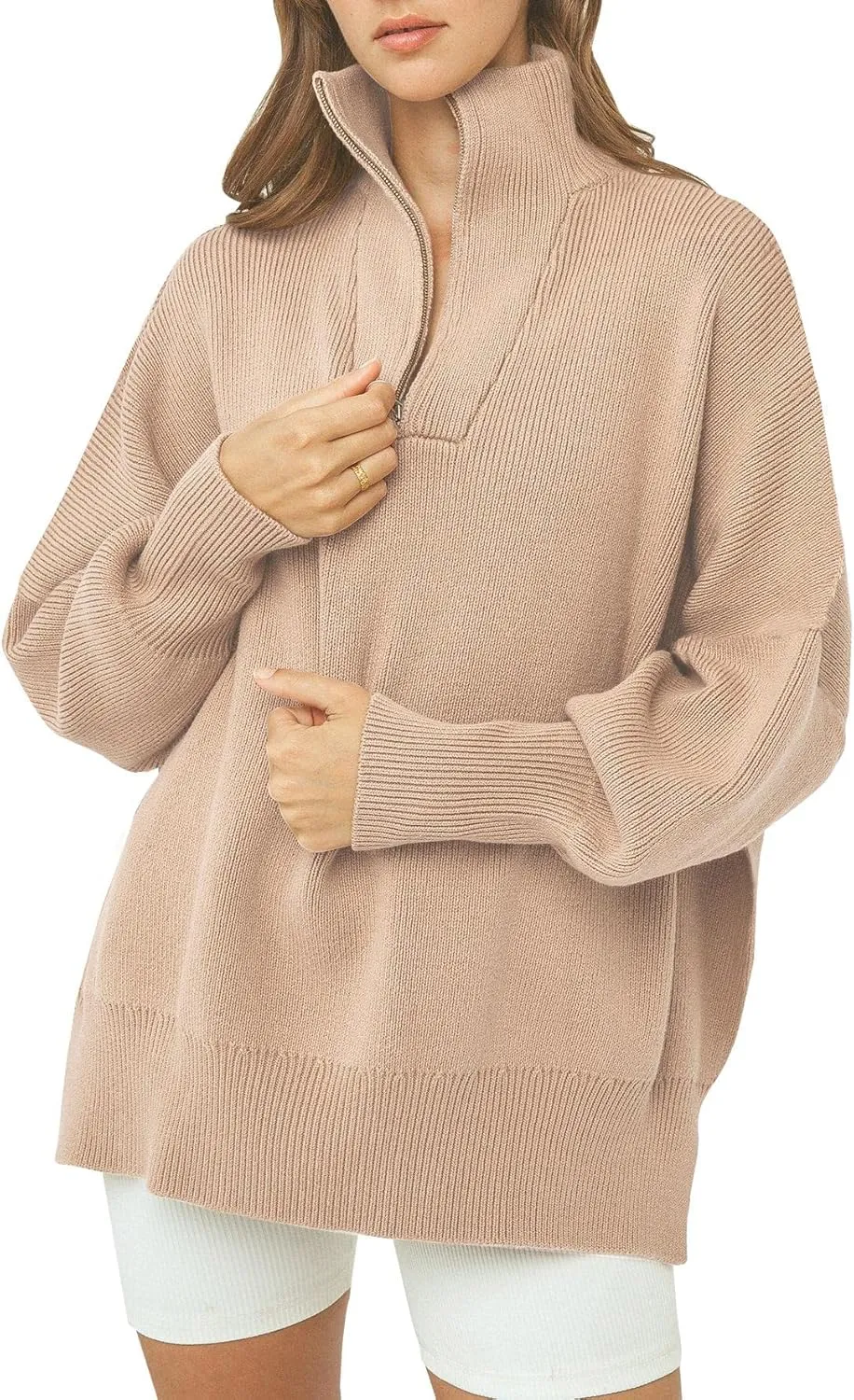 Imily Bela Womens Tunic Sweater Fall Long Sleeve 1/4 Zip Pullover Sweaters Oversized Slouchy Ribbed Knit Sweatshirt with Slit