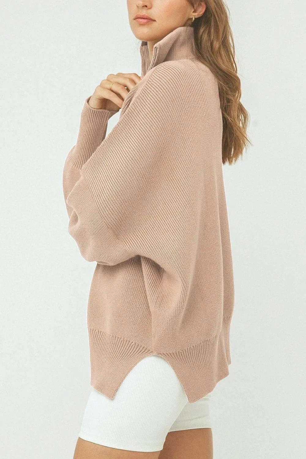 Imily Bela Womens Tunic Sweater Fall Long Sleeve 1/4 Zip Pullover Sweaters Oversized Slouchy Ribbed Knit Sweatshirt with Slit