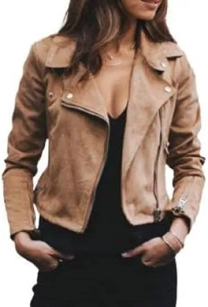 IVERIRMIN Womens Lightweight Suede Motorcycle Jacket Fall Cropped Asymmetrical Zip-up Biker Coats Faux Leather Fitted Outwear
