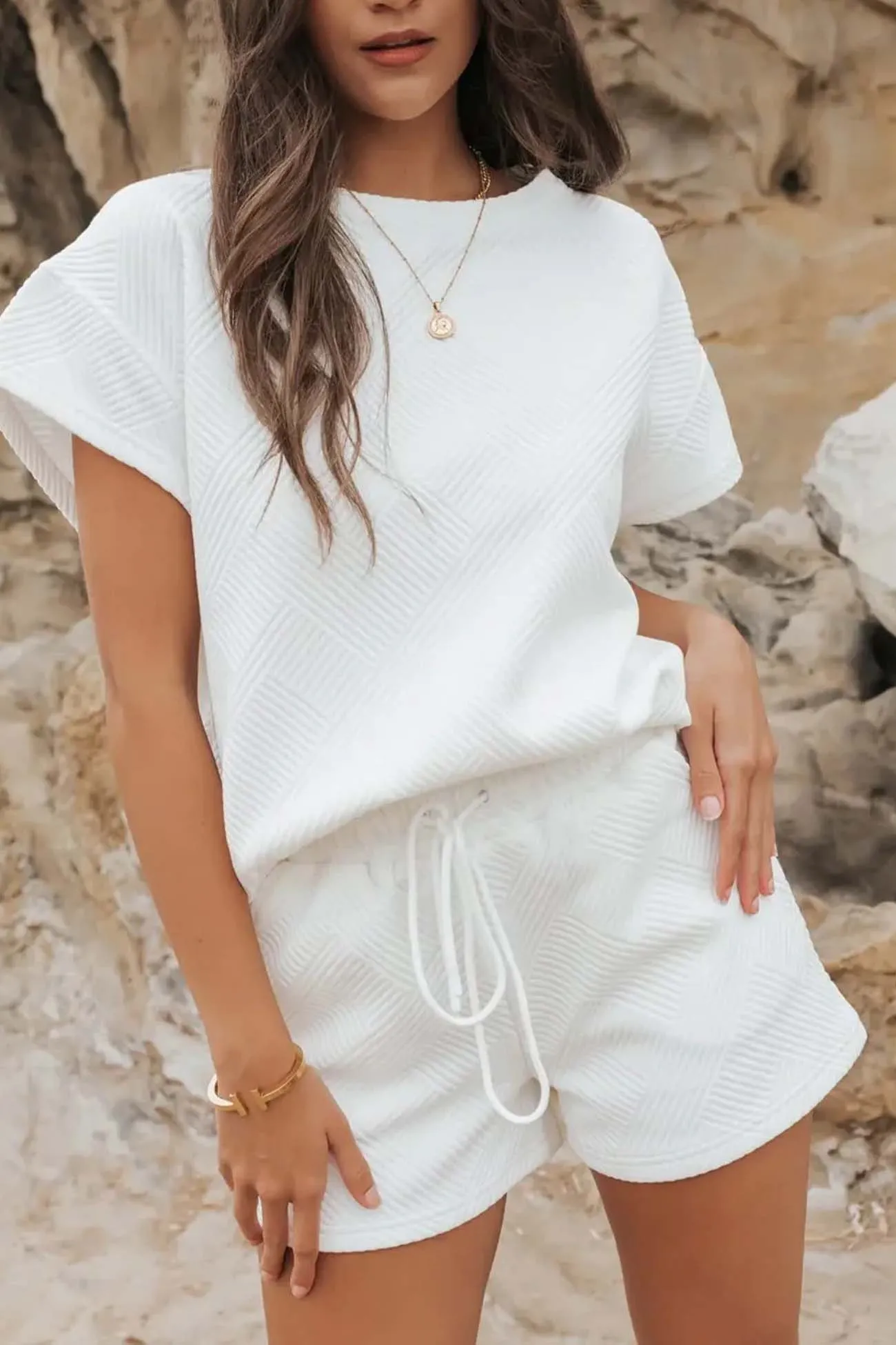 Ivyshape | Crew Neck Textured Shorts Two-Piece Set