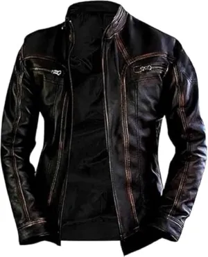 IZAC & DAUD Men's Elite Real Lambskin Leather Cafe Racer Distressed Motorcycle Black Biker Fadded Vintage Leather Jacket