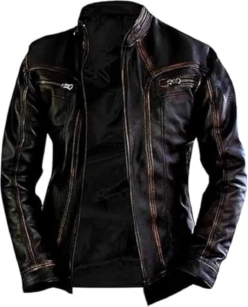 IZAC & DAUD Men's Elite Real Lambskin Leather Cafe Racer Distressed Motorcycle Black Biker Fadded Vintage Leather Jacket