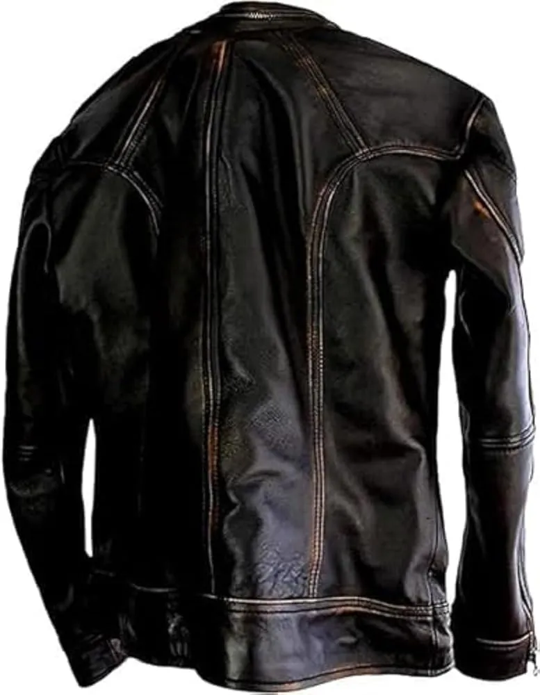 IZAC & DAUD Men's Elite Real Lambskin Leather Cafe Racer Distressed Motorcycle Black Biker Fadded Vintage Leather Jacket