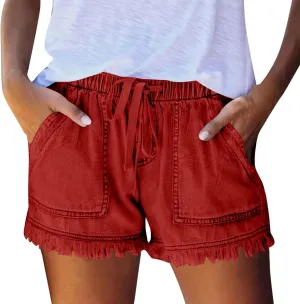 Jean Shorts Womens High Waisted Elastic Baggy Comfy Shorts Y2K Summer Casual Tassel Wide Leg Denim Skort with Pockets