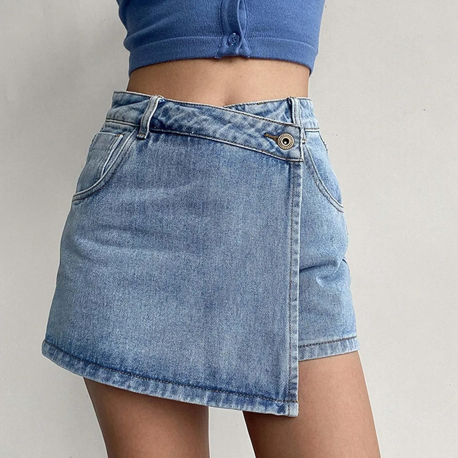 Jean Shorts Womens High Waisted Women's High Waist A Line Denim Shorts with Light Wash Two Piece Design