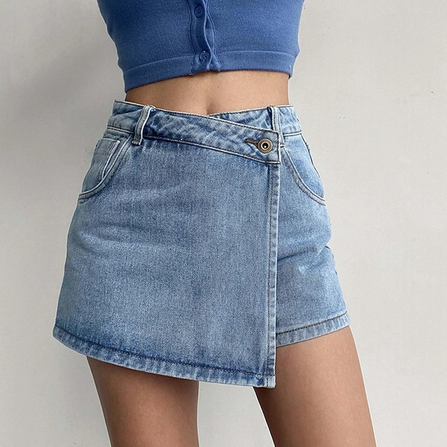 Jean Shorts Womens High Waisted Women's High Waist A Line Denim Shorts with Light Wash Two Piece Design