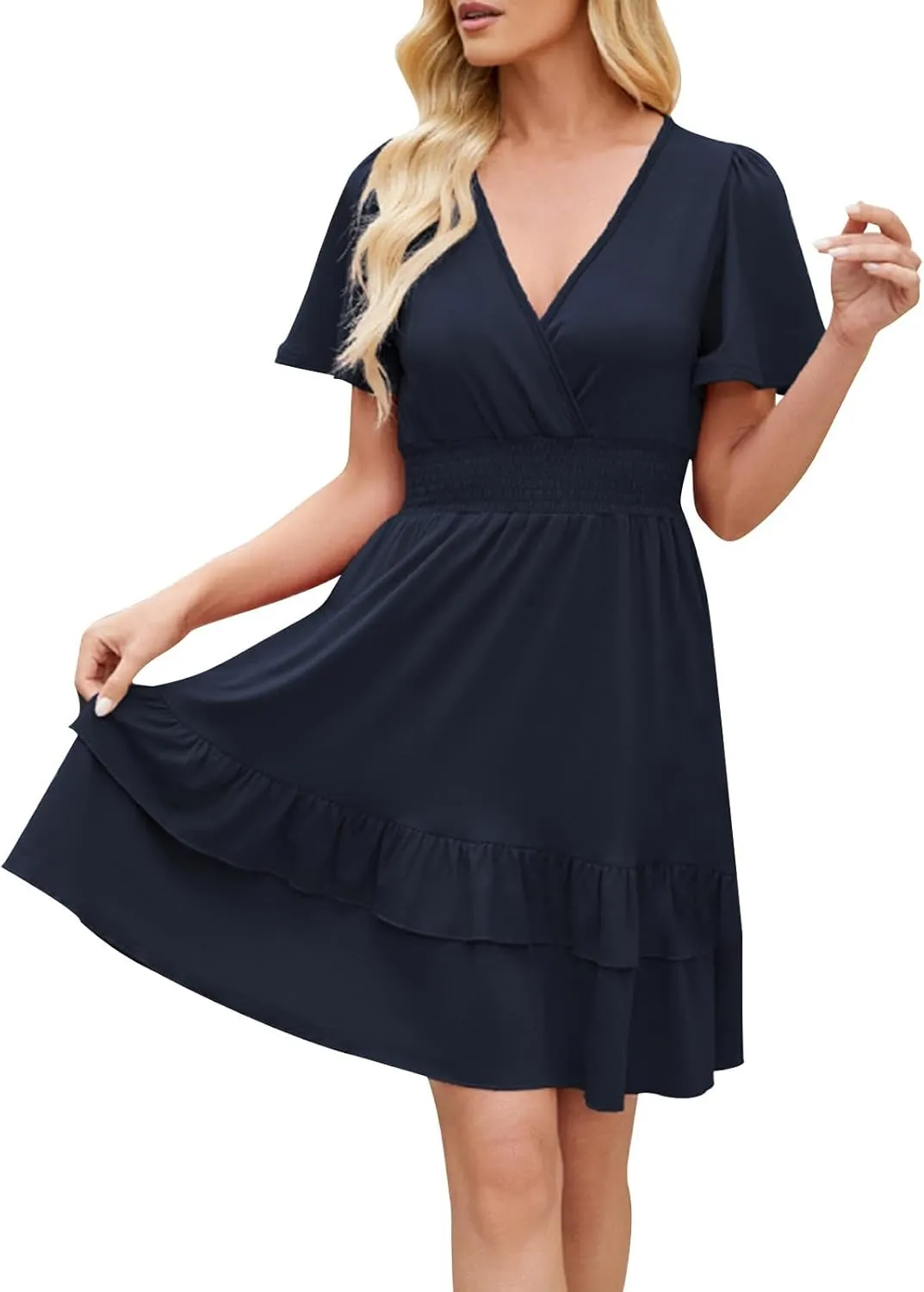 JOAU Women Casual Summer Smocked Empire Waist Dresses Wrap V Neck Short Sleeve A-Line Tiered Ruffle Beach Vacation Mini Dress