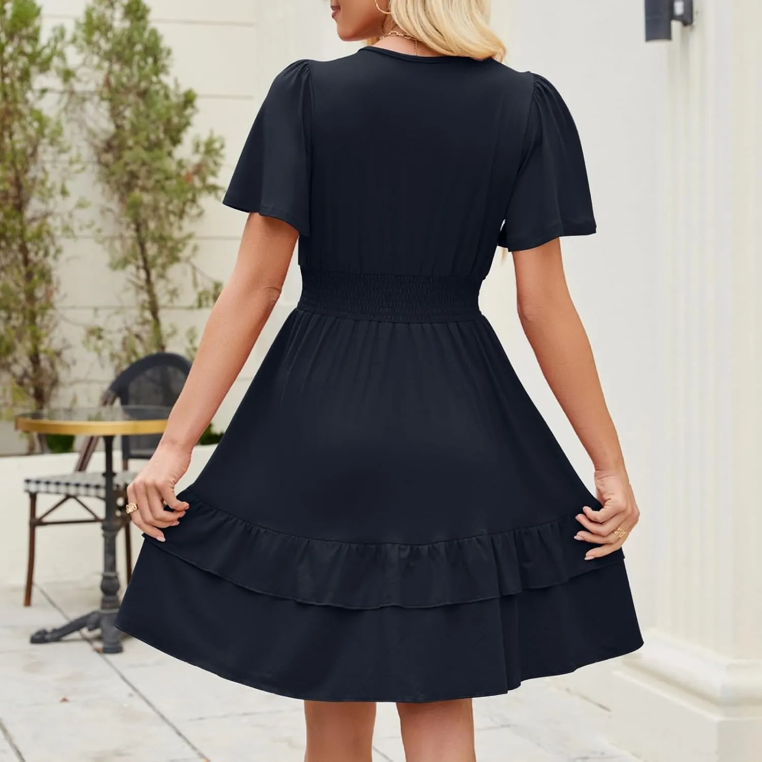 JOAU Women Casual Summer Smocked Empire Waist Dresses Wrap V Neck Short Sleeve A-Line Tiered Ruffle Beach Vacation Mini Dress