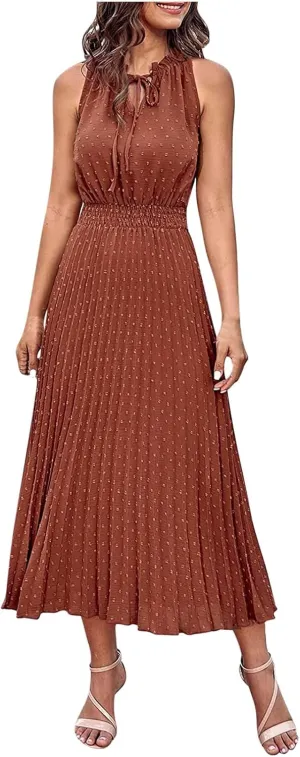 JOAU Women Summer Casual Sleeveless Tank Dress Casual V-Neck Tie Pom Poms Sundress Smocked Waist Flowy Maxi Beach Dresses