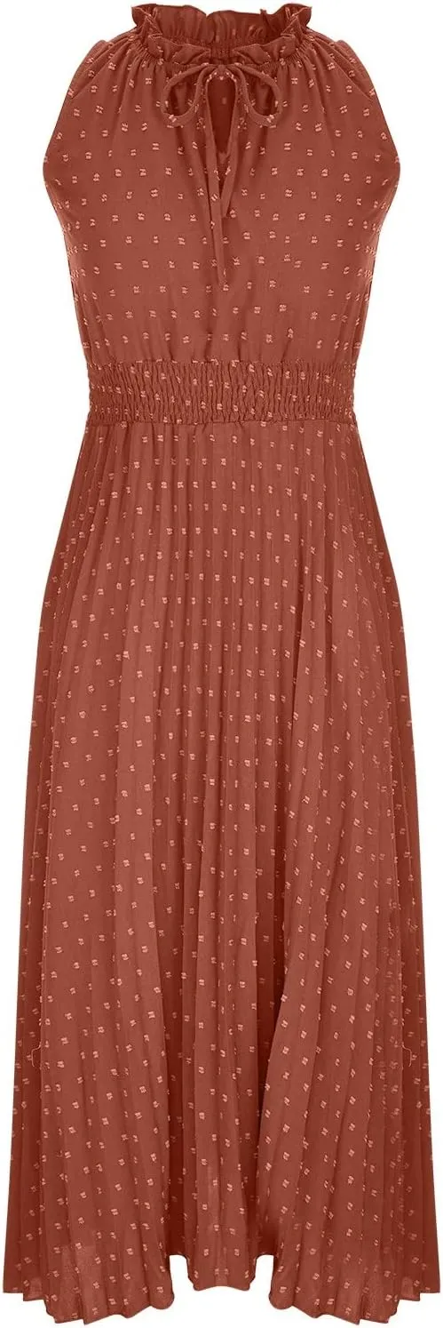 JOAU Women Summer Casual Sleeveless Tank Dress Casual V-Neck Tie Pom Poms Sundress Smocked Waist Flowy Maxi Beach Dresses