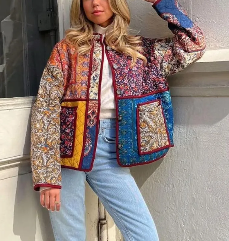 Juakoso Women Floral Print Cropped Quilted Jacket Cardigan Vintage Open Front Padded Puffler Coat Lightweight Casual Outwear
