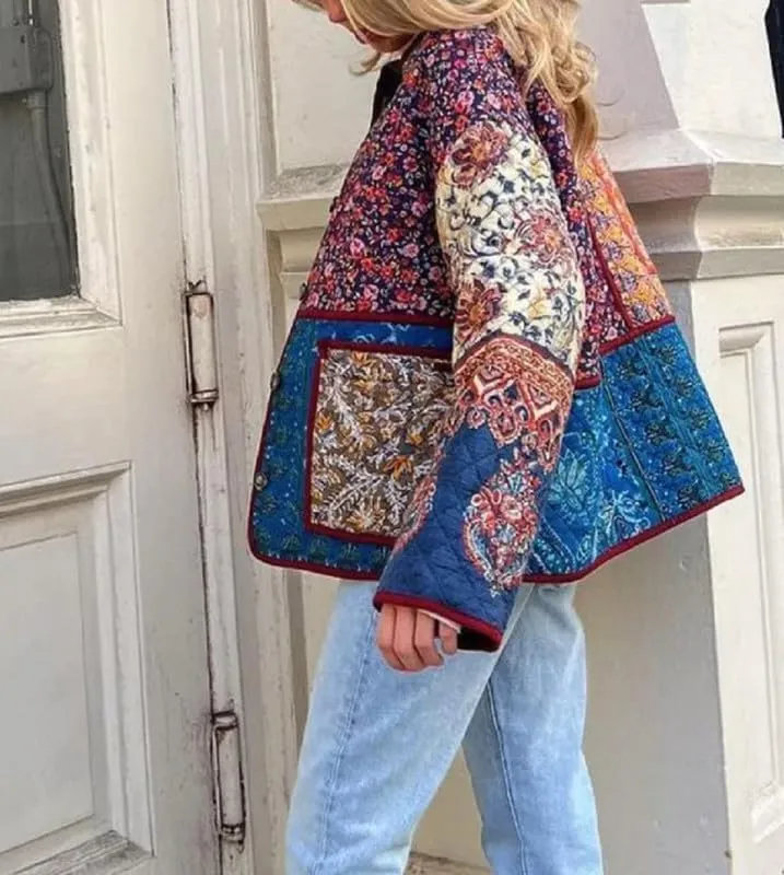 Juakoso Women Floral Print Cropped Quilted Jacket Cardigan Vintage Open Front Padded Puffler Coat Lightweight Casual Outwear