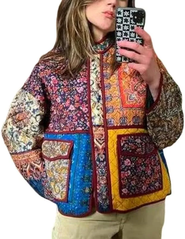 Juakoso Women Floral Print Cropped Quilted Jacket Cardigan Vintage Open Front Padded Puffler Coat Lightweight Casual Outwear