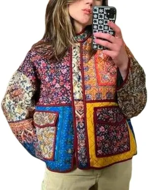 Juakoso Women Floral Print Cropped Quilted Jacket Cardigan Vintage Open Front Padded Puffler Coat Lightweight Casual Outwear