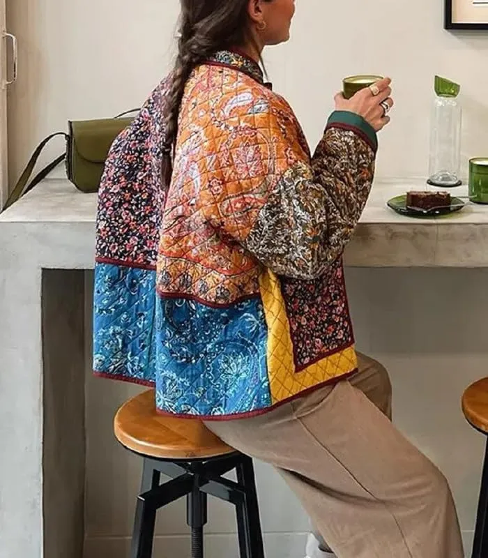Juakoso Women Floral Print Cropped Quilted Jacket Cardigan Vintage Open Front Padded Puffler Coat Lightweight Casual Outwear