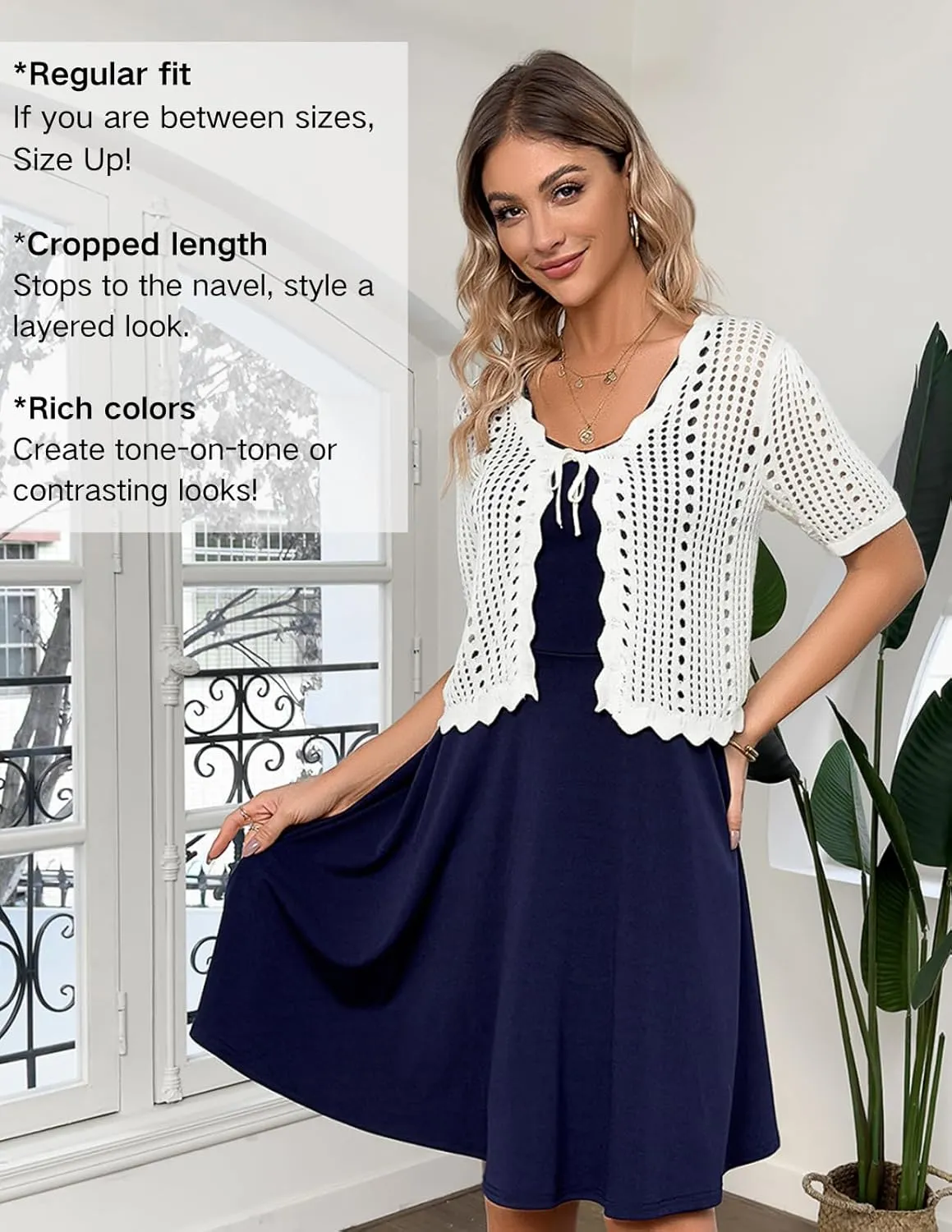 Kate Kasin Women Crochet Shrug Sweater Tie Front Knit Bolero Shrug for Dress Short Sleeve Cropped Cardigan