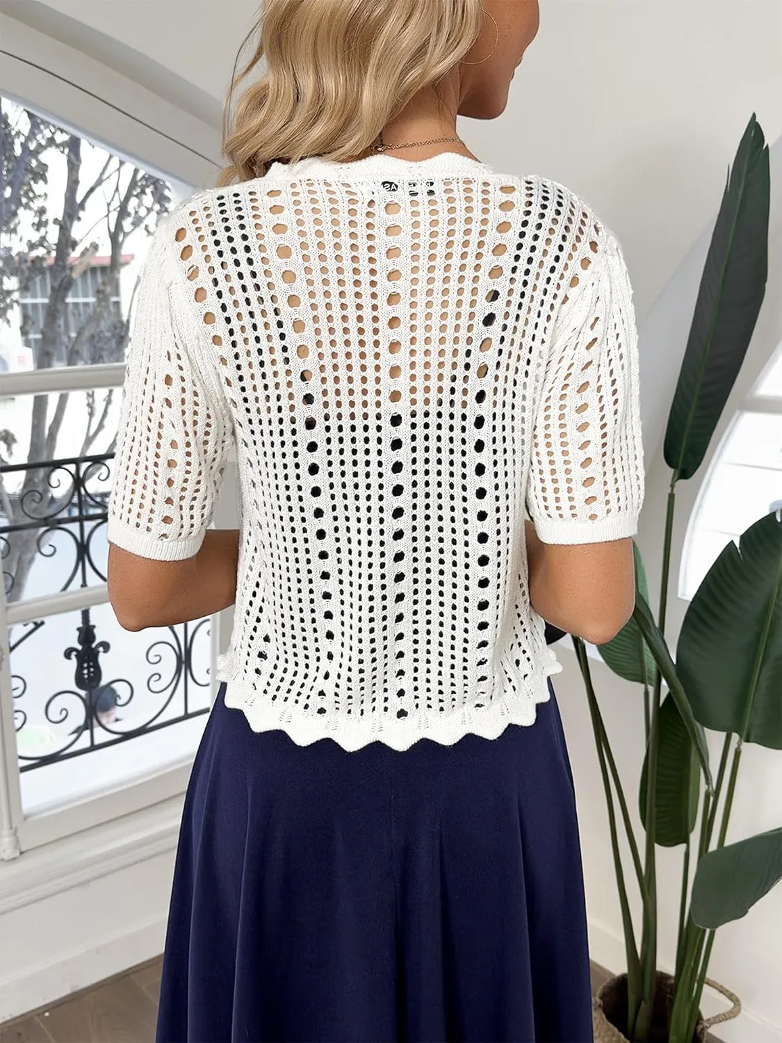 Kate Kasin Women Crochet Shrug Sweater Tie Front Knit Bolero Shrug for Dress Short Sleeve Cropped Cardigan