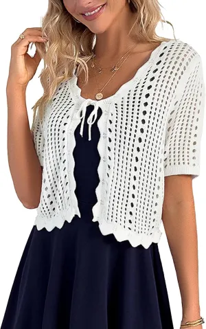 Kate Kasin Women Crochet Shrug Sweater Tie Front Knit Bolero Shrug for Dress Short Sleeve Cropped Cardigan