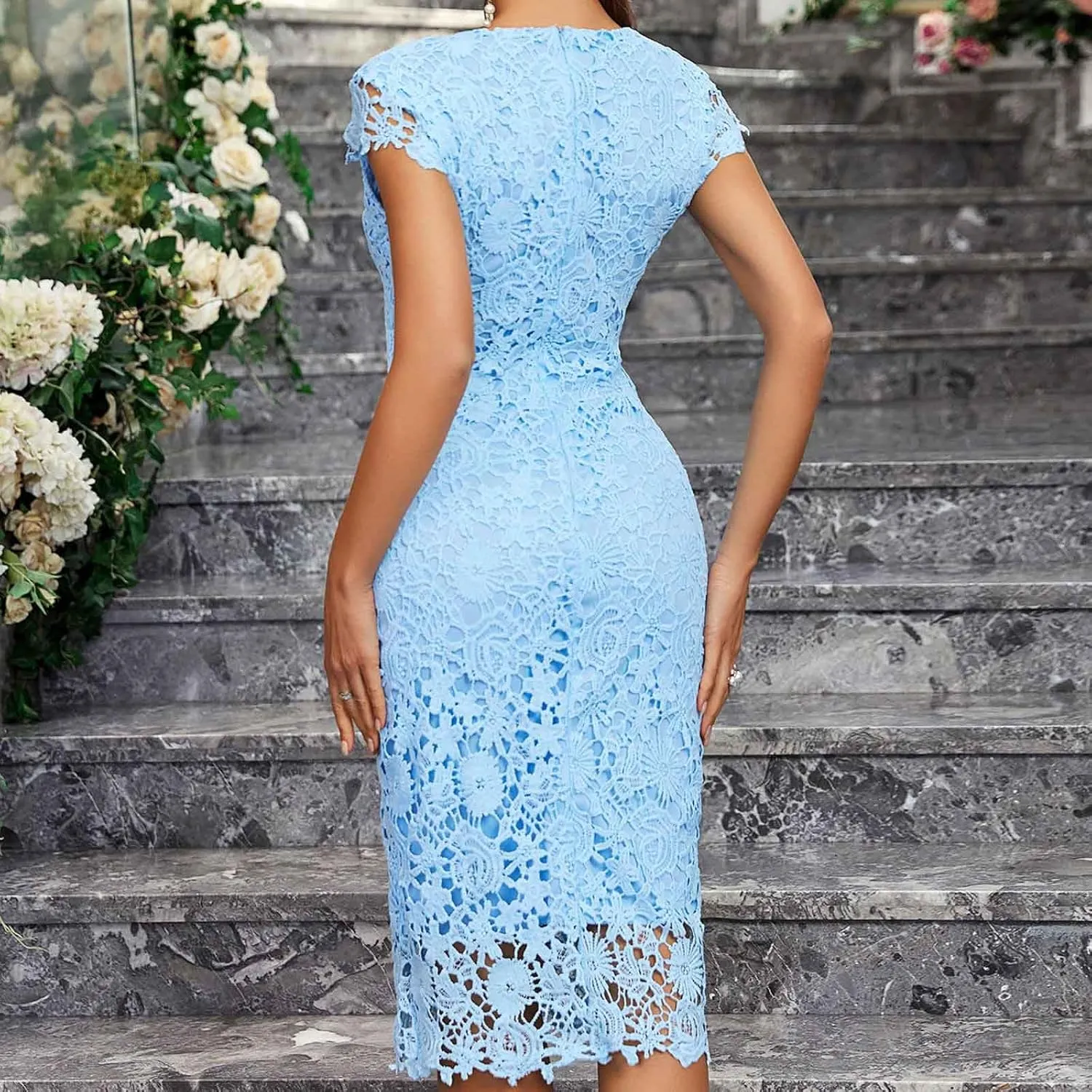Lace Floral Midi Dress for Women Round Neck Cap Sleeve Dresses Elegant Layered Ruffle Evening Cocktail Mini Dress