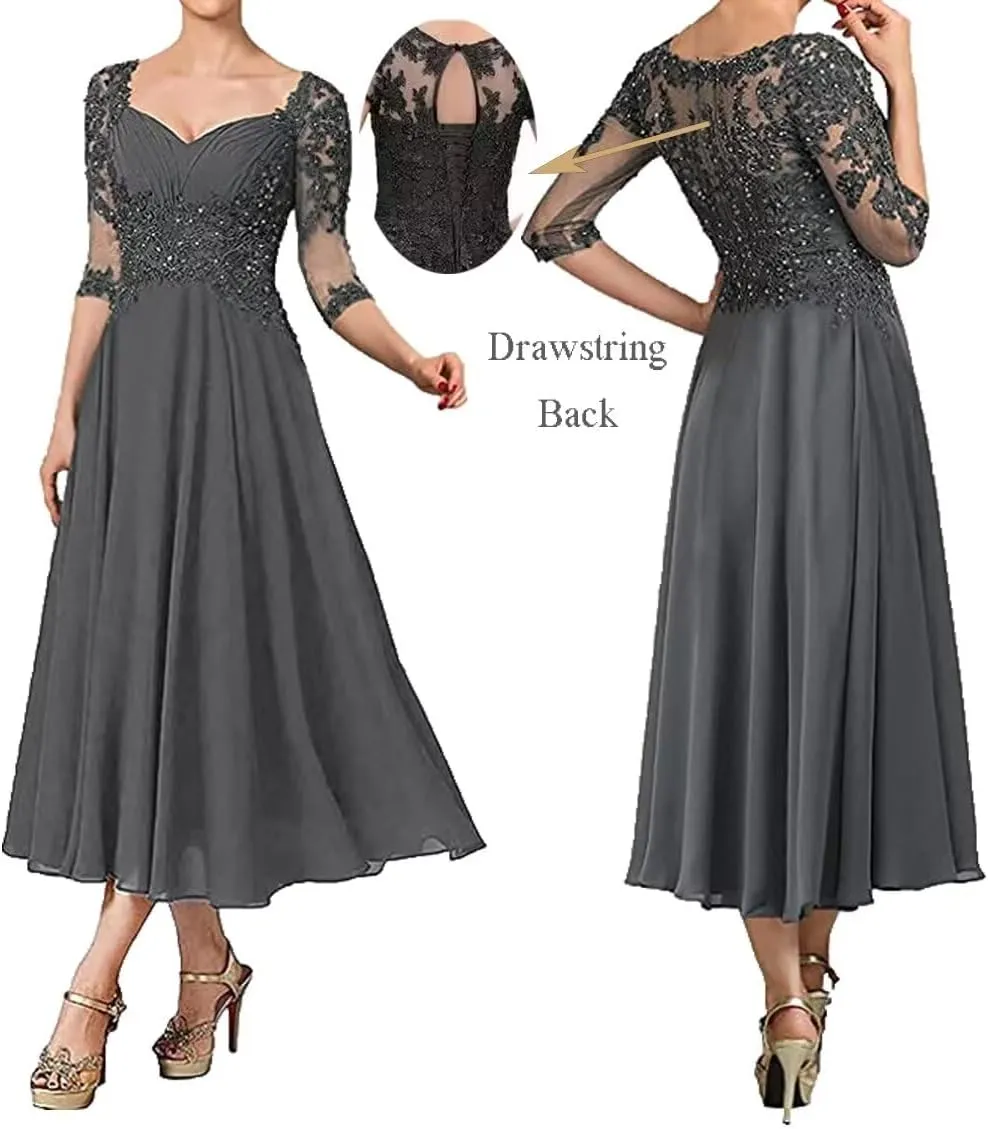 Laces Mother of Bride Dresses V-Neck Mother of The Groom Dresses with Sleeves Tea Length Wedding Reception Gowns