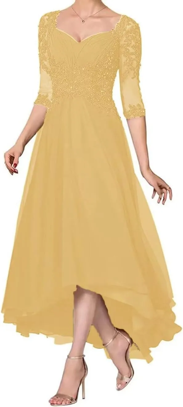 Laces Mother of Bride Dresses V-Neck Mother of The Groom Dresses with Sleeves Tea Length Wedding Reception Gowns