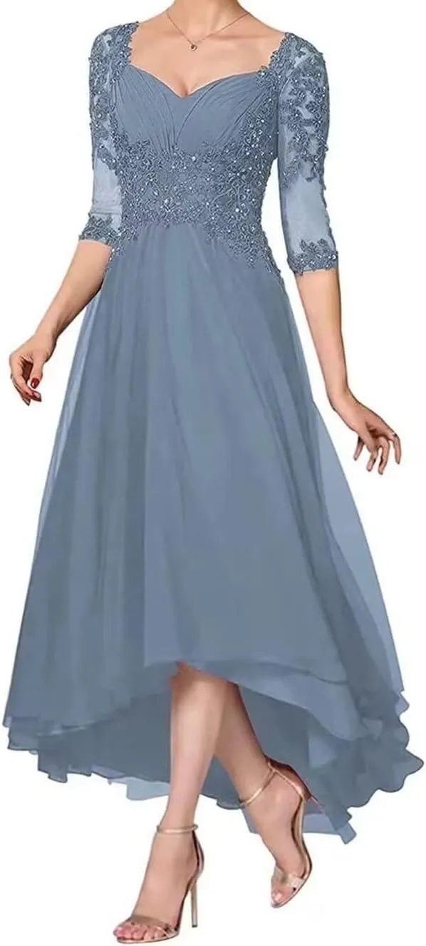 Laces Mother of Bride Dresses V-Neck Mother of The Groom Dresses with Sleeves Tea Length Wedding Reception Gowns