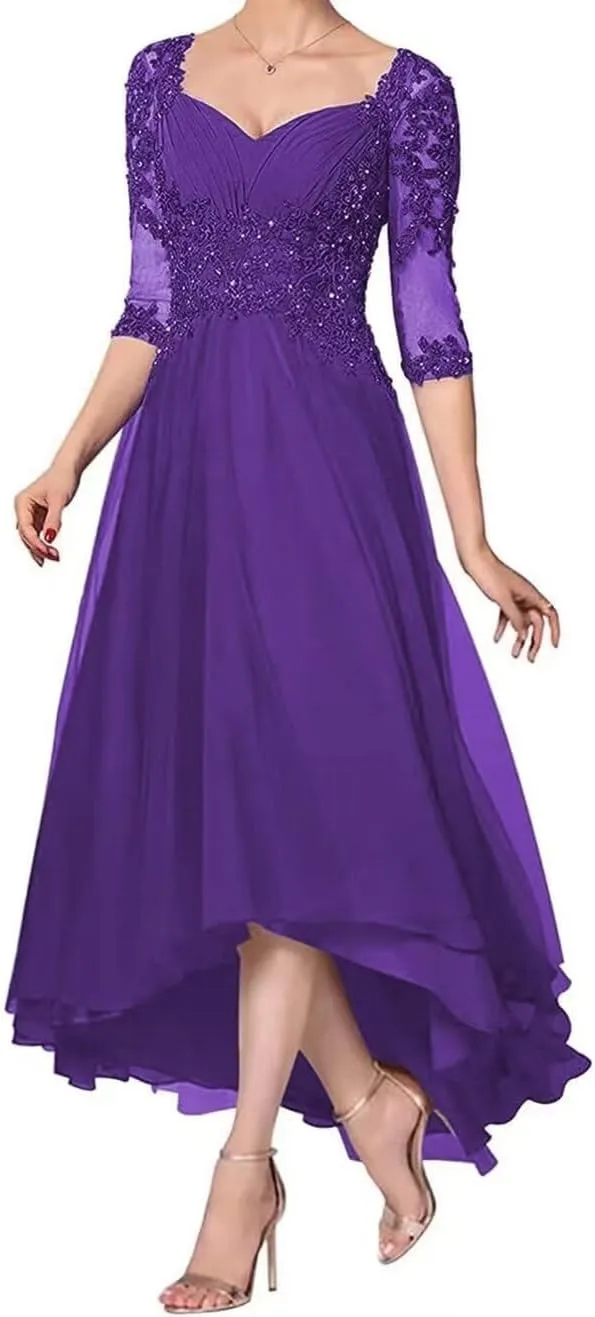 Laces Mother of Bride Dresses V-Neck Mother of The Groom Dresses with Sleeves Tea Length Wedding Reception Gowns