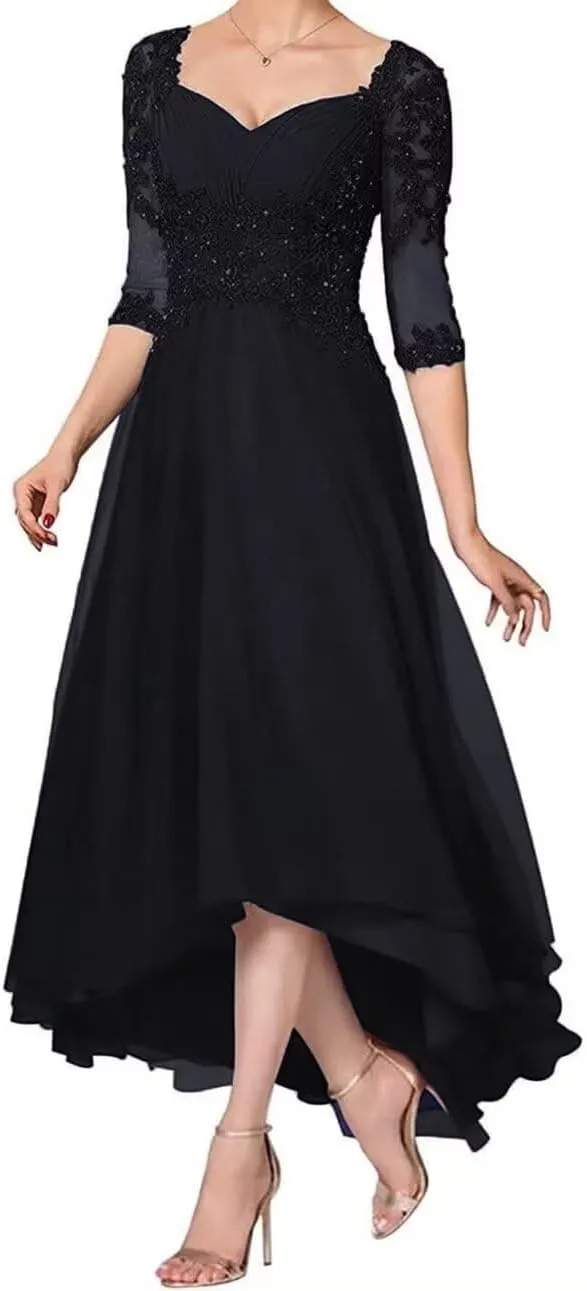 Laces Mother of Bride Dresses V-Neck Mother of The Groom Dresses with Sleeves Tea Length Wedding Reception Gowns