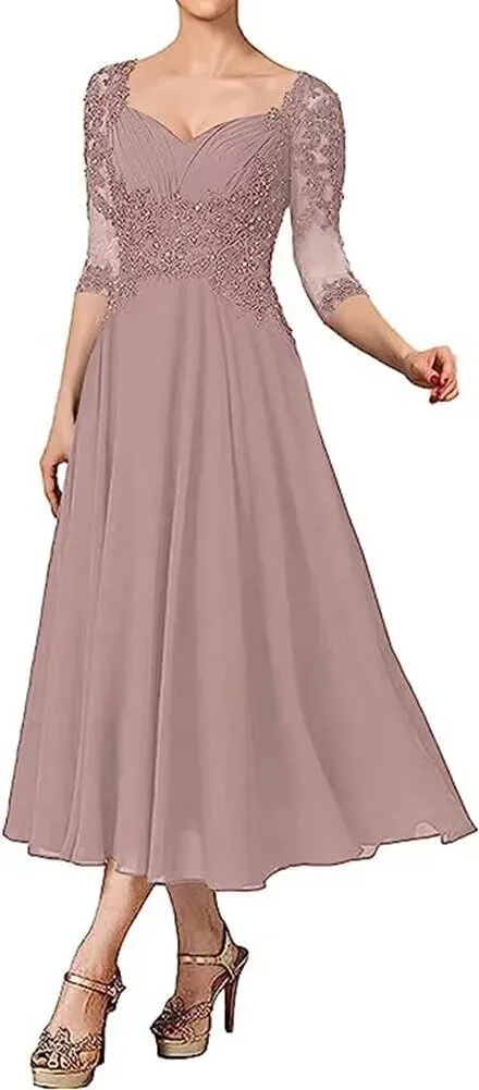 Laces Mother of Bride Dresses V-Neck Mother of The Groom Dresses with Sleeves Tea Length Wedding Reception Gowns