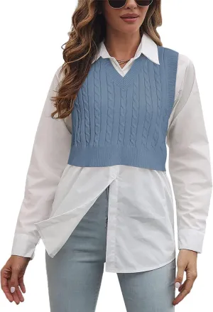 Lailezou Women's V-Neck Knit Sweater Vest Solid Color Argyle Plaid Preppy Style Sleeveless Crop Knit Vest