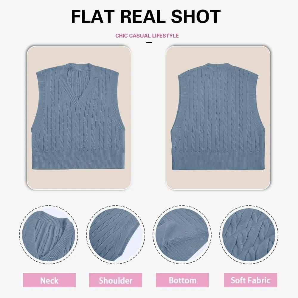 Lailezou Women's V-Neck Knit Sweater Vest Solid Color Argyle Plaid Preppy Style Sleeveless Crop Knit Vest