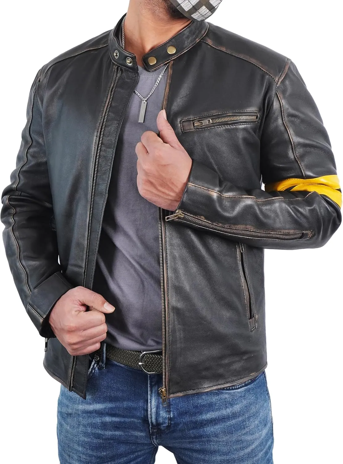 Lambskin Leather Jacket for Men - Vintage Distressed Brown Biker Coat