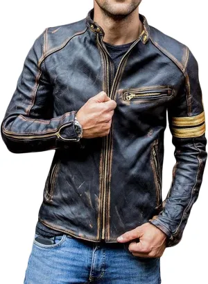 Lambskin Leather Jacket for Men - Vintage Distressed Brown Biker Coat