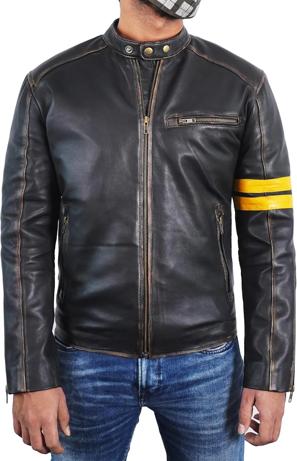 Lambskin Leather Jacket for Men - Vintage Distressed Brown Biker Coat