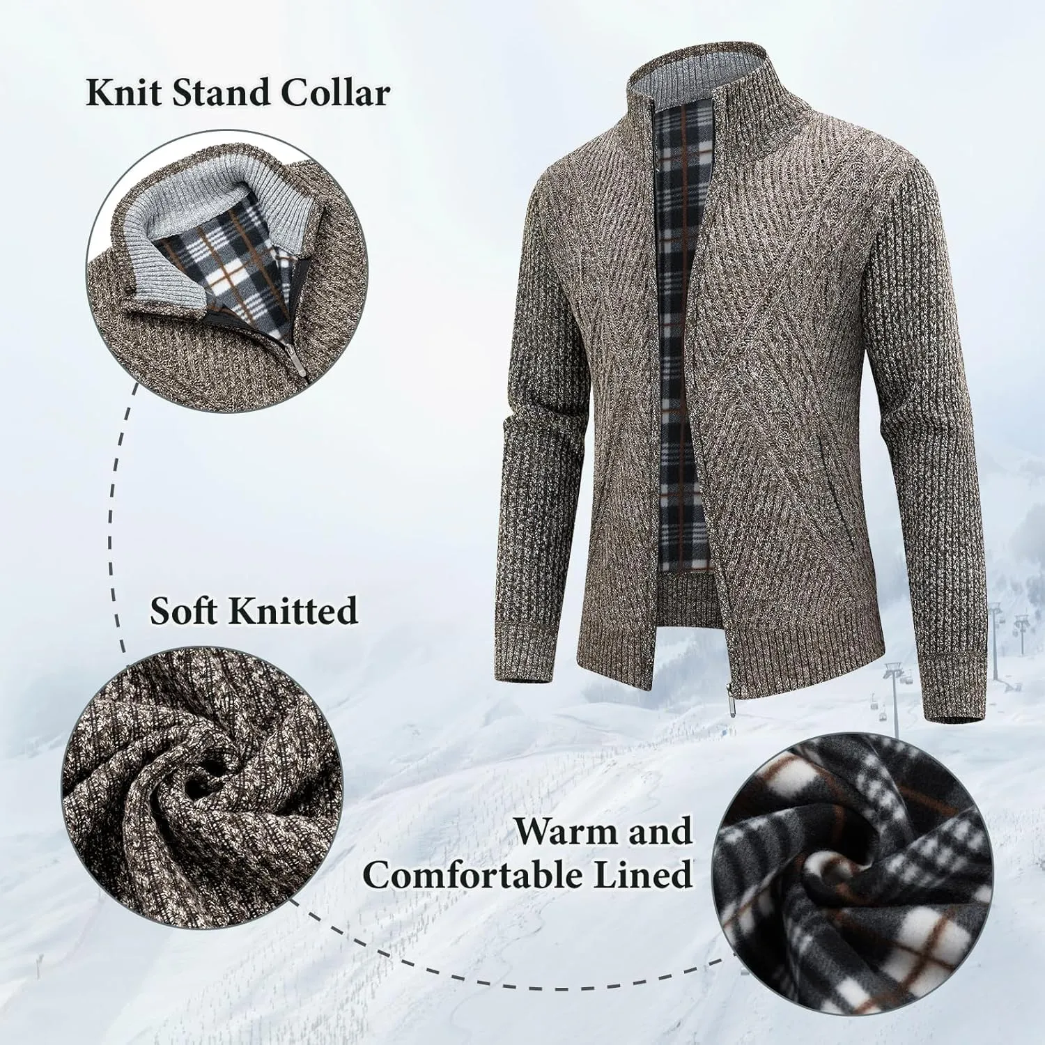 Lamgool Men's Full Zip Sweater Knit Long Sleeve Stand Collar Cardigan Sweaters
