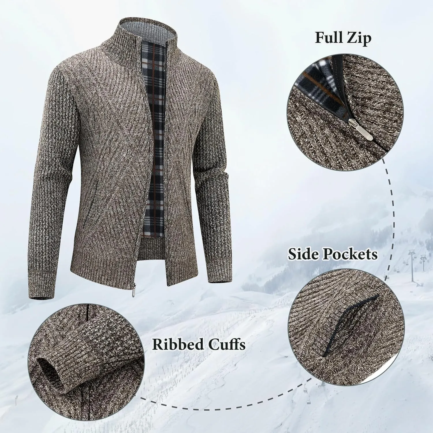 Lamgool Men's Full Zip Sweater Knit Long Sleeve Stand Collar Cardigan Sweaters