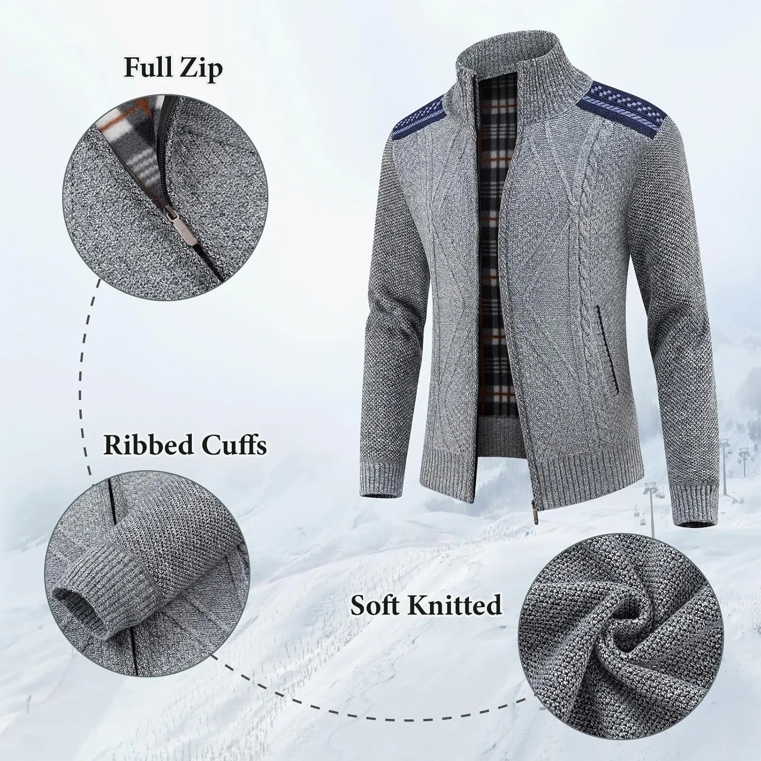 Lamgool Men's Full Zip Sweater Knit Long Sleeve Stand Collar Cardigan Sweaters