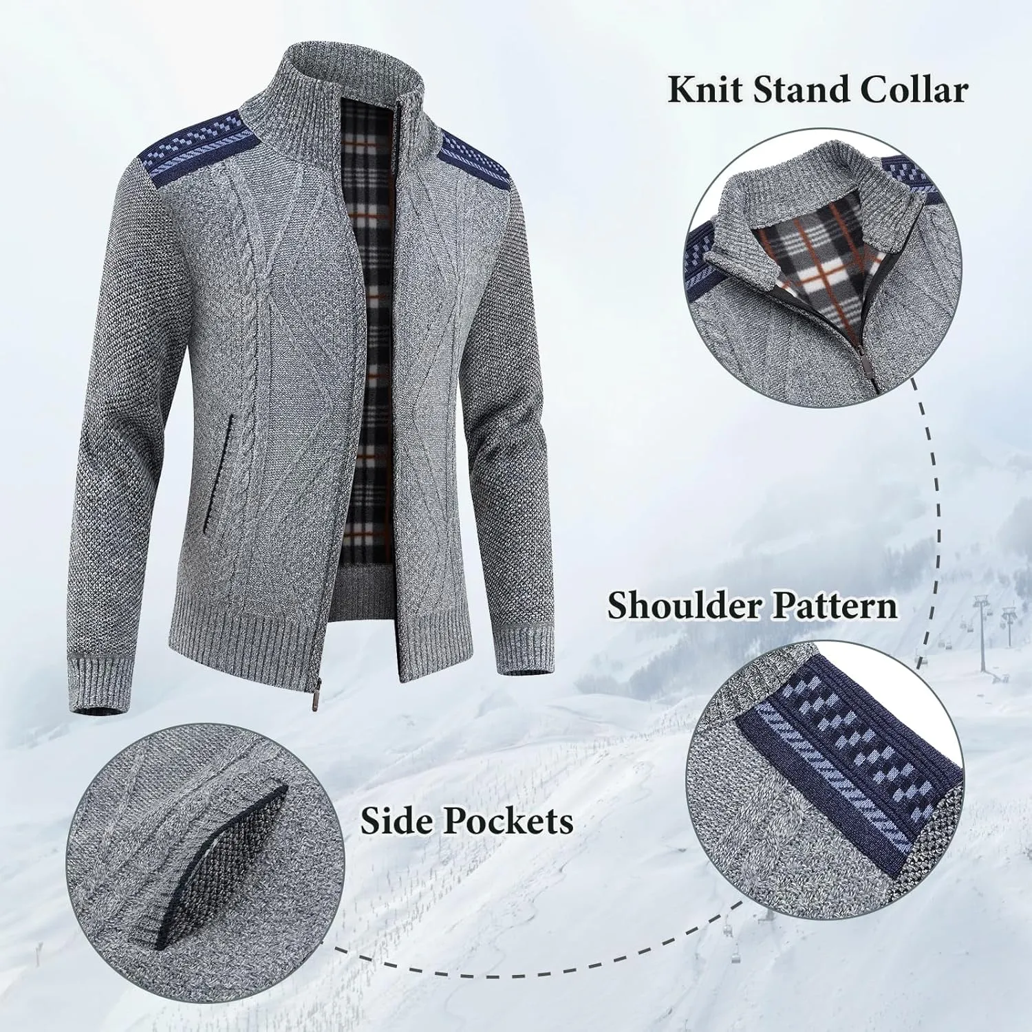 Lamgool Men's Full Zip Sweater Knit Long Sleeve Stand Collar Cardigan Sweaters