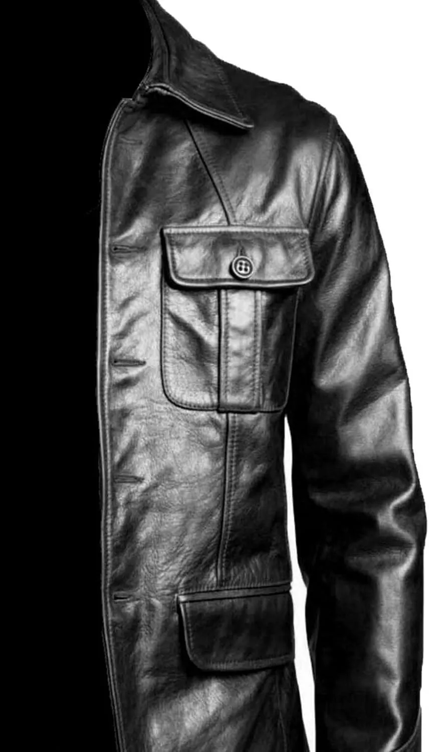 Leather Jacket Men | Vintage Four Pocket Genuine Leather Jacket | Shirt Collar Five Buttons Mens Leather Jacket