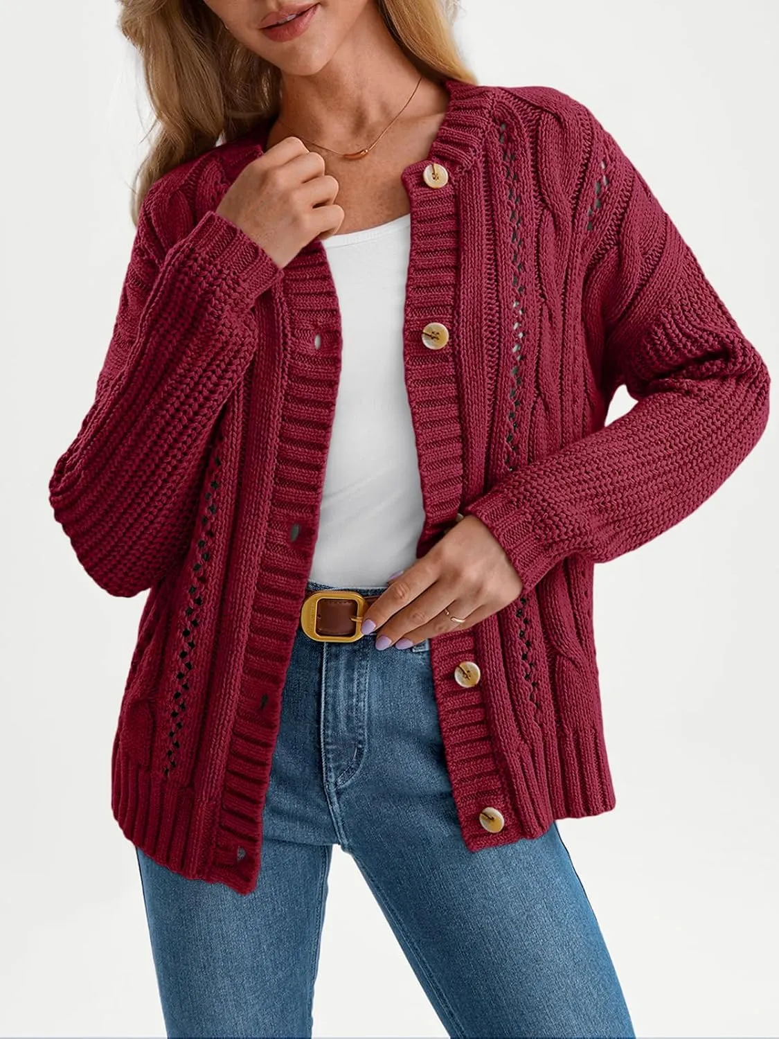 LILLUSORY Women's Cardigan Sweaters Cable Knit Crochet Cotton Fall Jackets Button Up Chunky Trendy Outfits