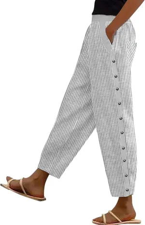 Linen Cropped Pants for Women Summer Trousers Plus Size Pants Trendy Drawstring Elastic Waist Joggers with Pockets